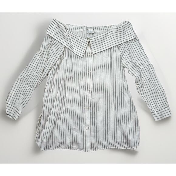 Tibi Frederic Off Shoulder Top Cotton Button Striped Beige Gray Women’s Size 10 - Picture 2 of 9